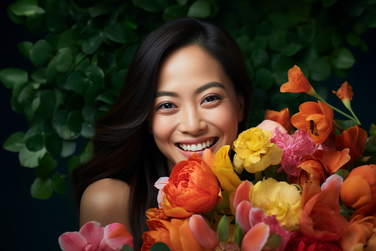 Picture of a happy asian woman with flowers