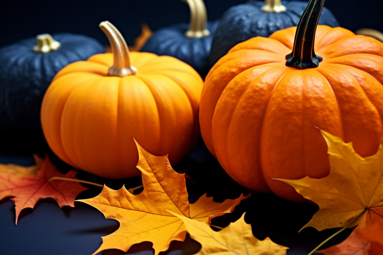 A picture of pumpkins and autumn maple leaves on a dark blue backdrop