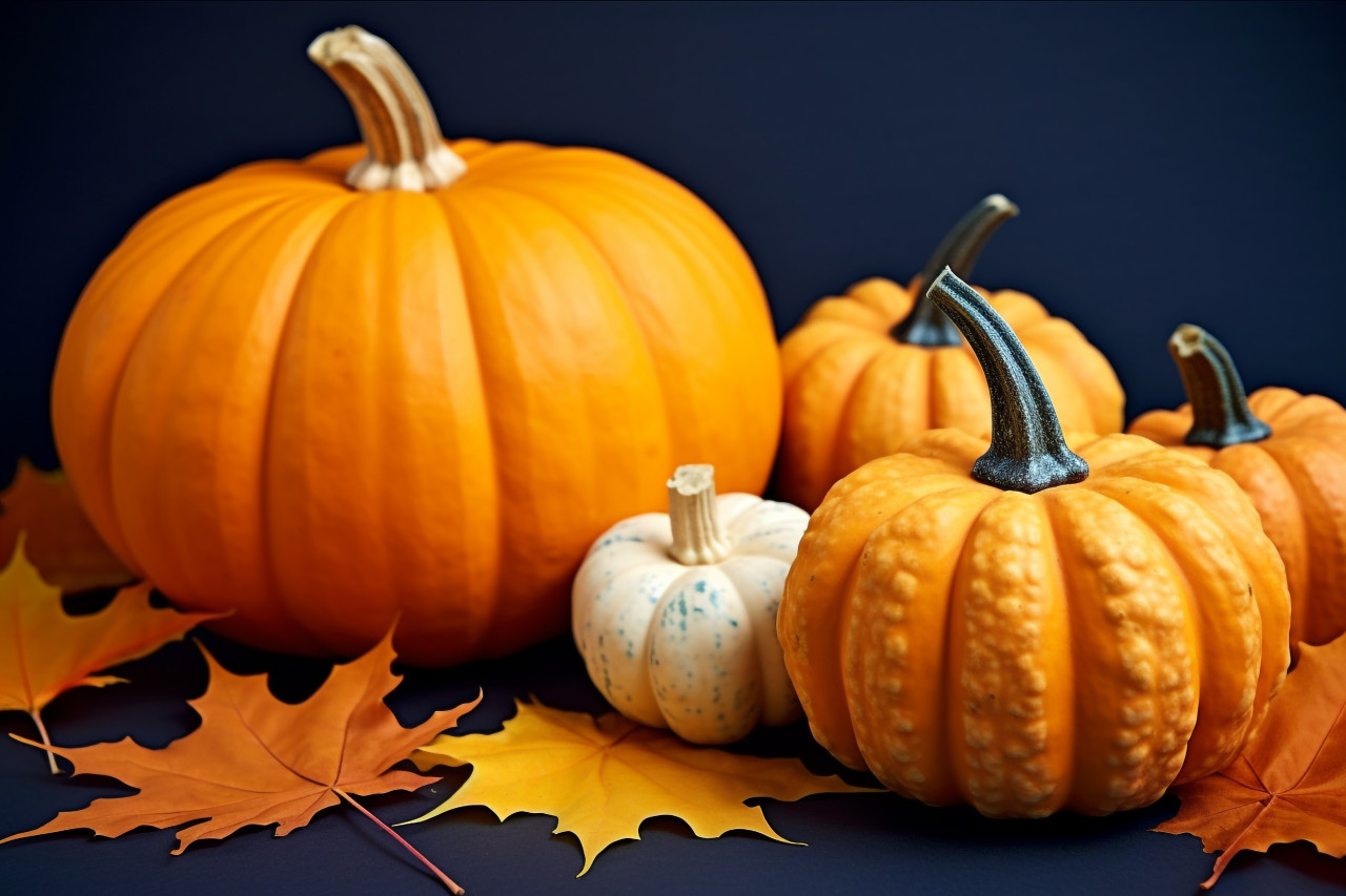 A picture of pumpkins and autumn maple leaves on a dark blue backdrop