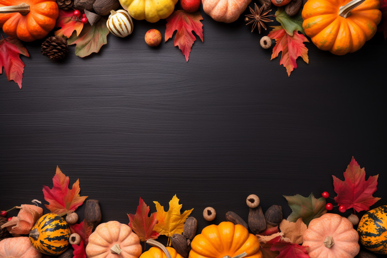 A photo of a thanksgiving decoration made with dry leaves red berries and a pumpkin on a blackboard background