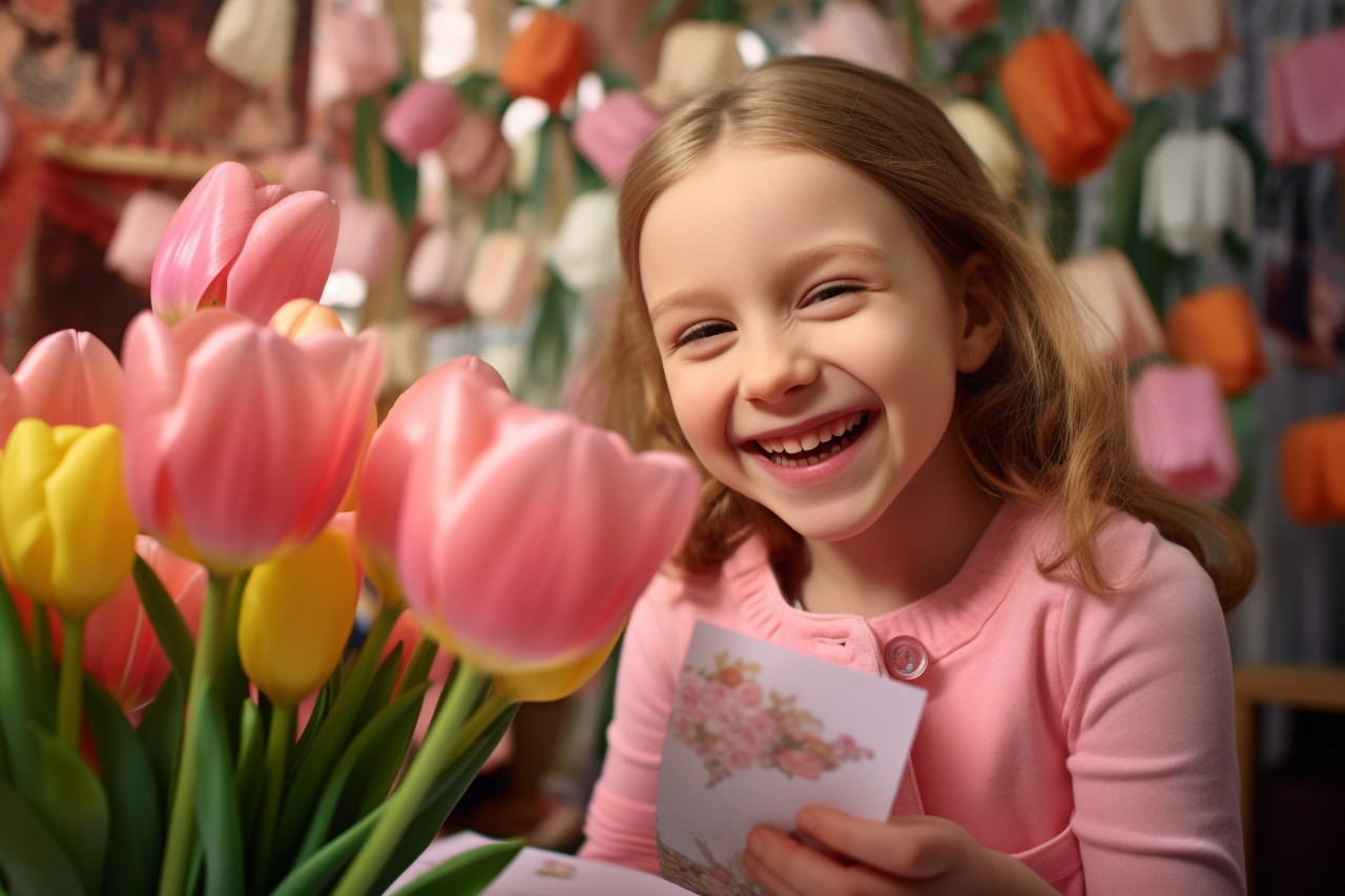 A photo of a little girl giving her mother flowers and a card they are both smiling and hugging
