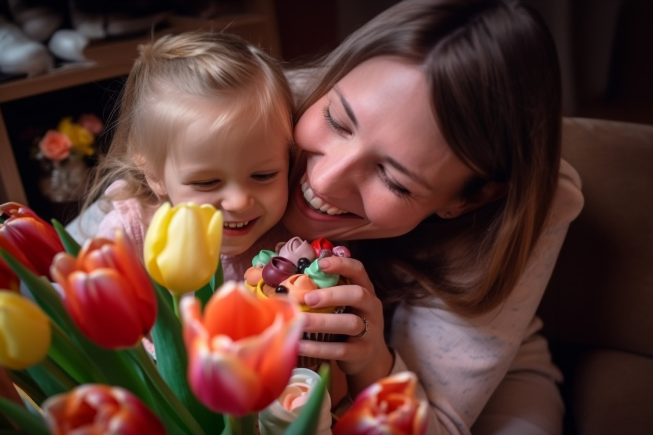 A photo of a little girl giving her mother flowers and a card they are both smiling and hugging