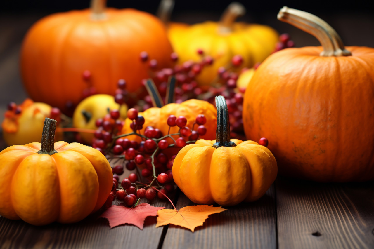 Thanksgiving or autumn picture of pumpkins leaves and berries on a wooden table