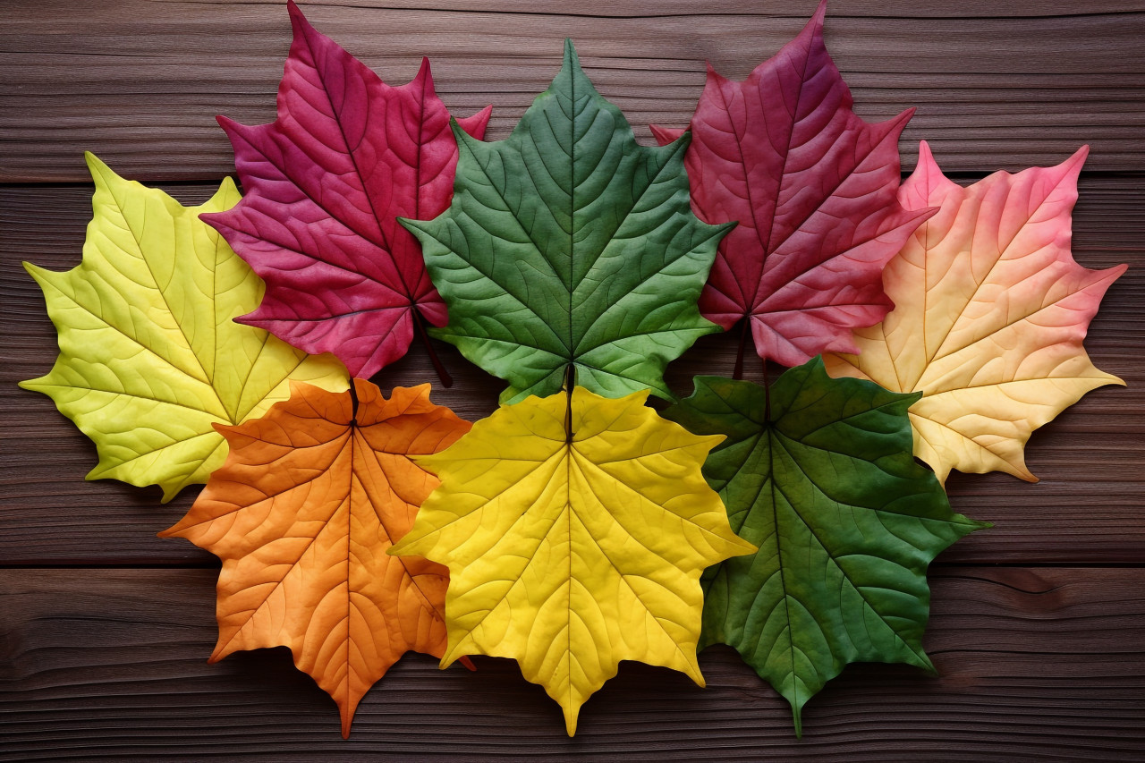 A picture of many colored maple leaves on a wood table