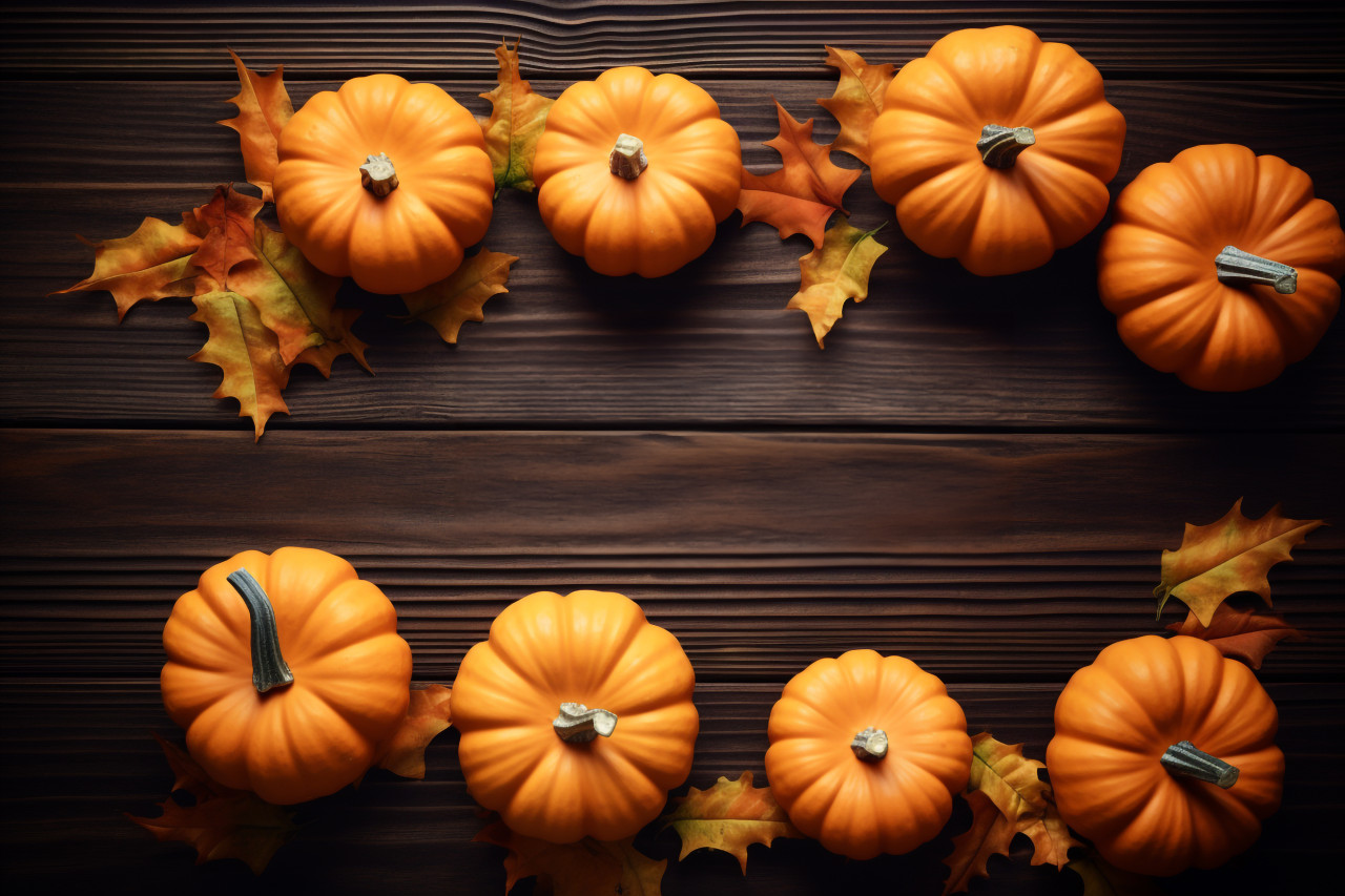 A photo of a thanksgiving greeting with pumpkins and leaves on a dark wooden table