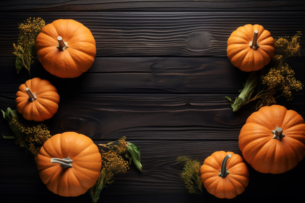 A photo of a thanksgiving greeting with pumpkins and leaves on a dark wooden table