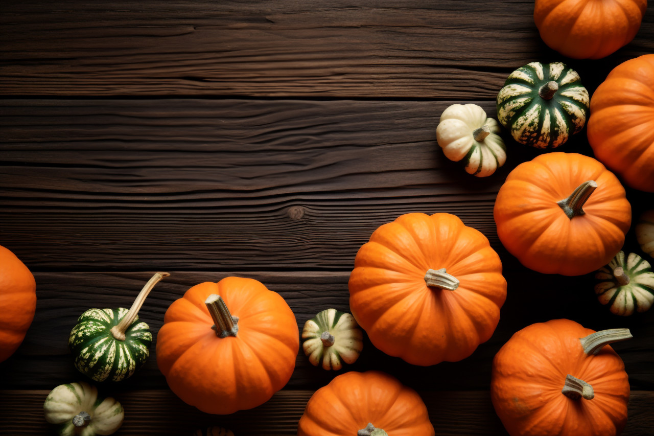 A photo of a thanksgiving greeting with pumpkins and leaves on a dark wooden table