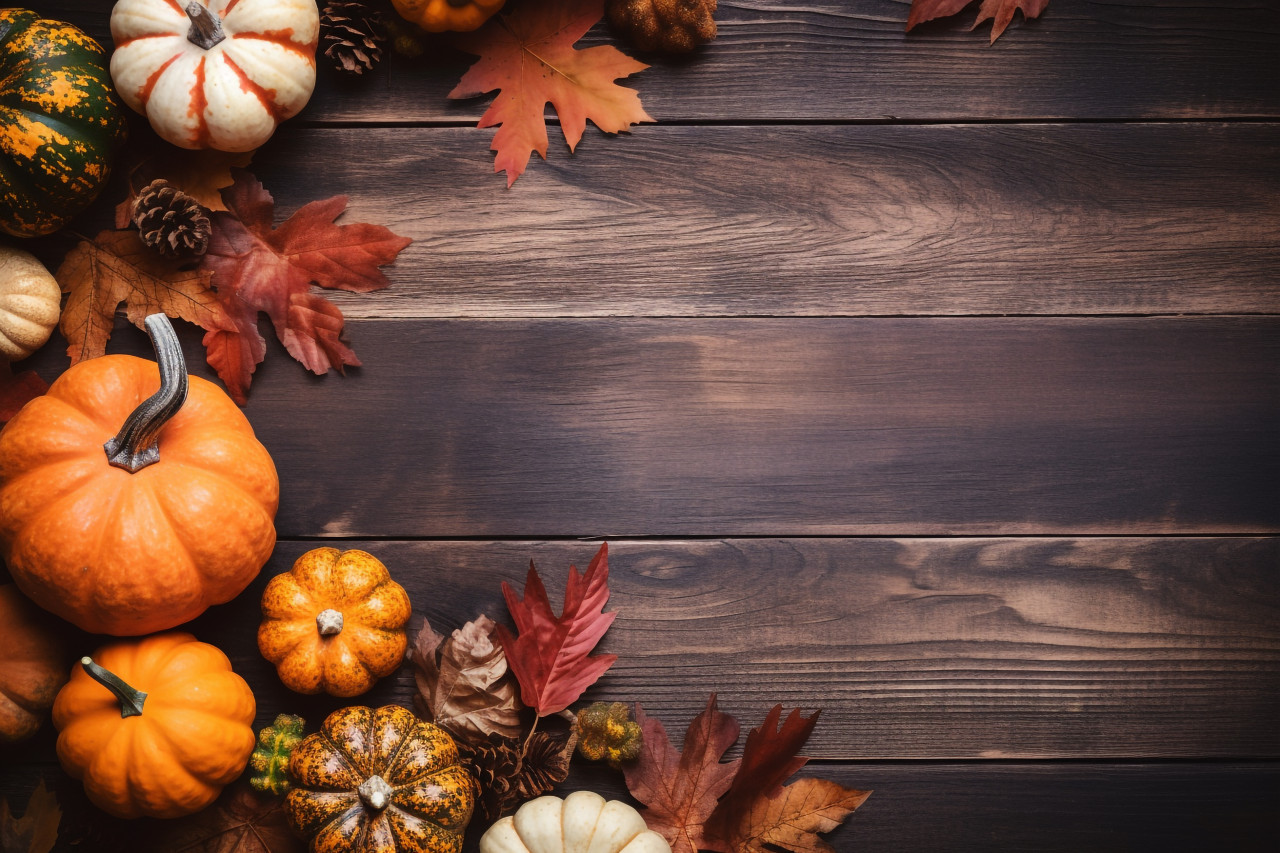A picture of thanksgiving decorations made from dry leaves and a pumpkin on an old wooden table