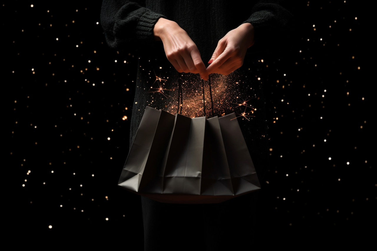 A woman is carrying a shopping bag against a black background, black friday deals