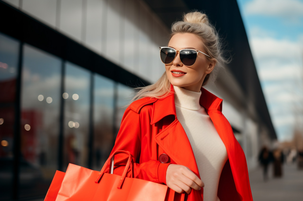 A young woman is carrying shopping bags near the mall in spring clothing, black friday deals