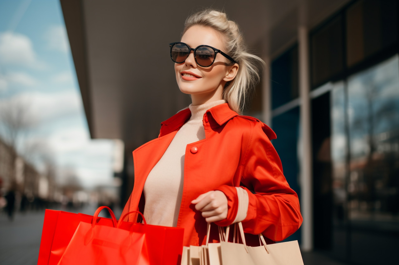 A young woman is carrying shopping bags near the mall in spring clothing, black friday deals