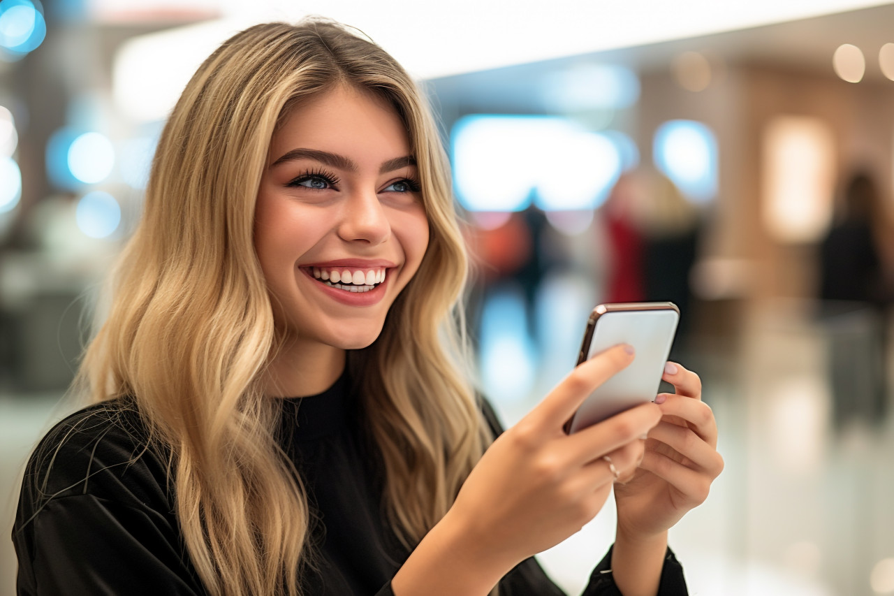 A picture of a young woman shopping in the mall who is looking at and using her smartphone, black friday deals