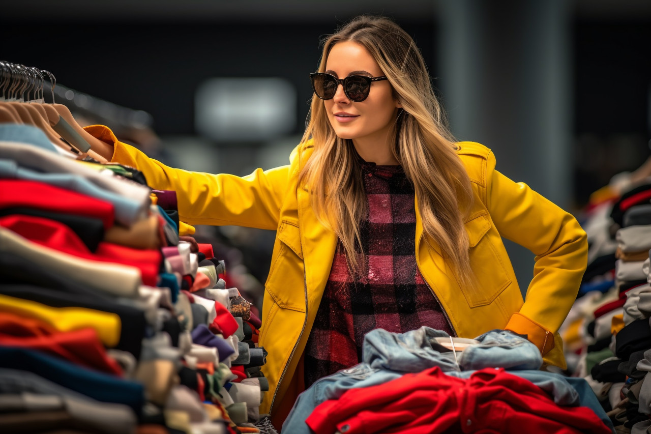 A photo of a stylish young woman looking for fashionable clothes at a black friday sale in a shopping mall, black friday deals