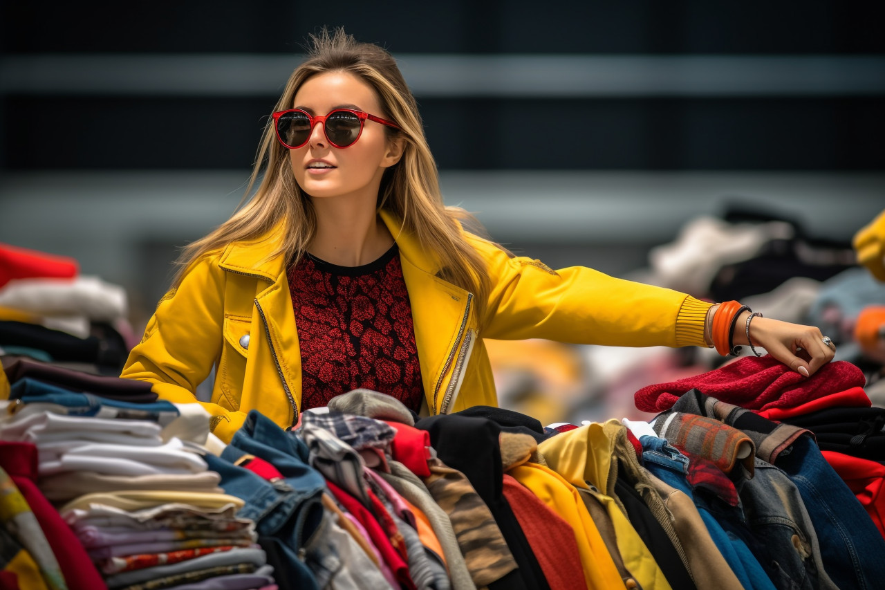 A photo of a stylish young woman looking for fashionable clothes at a black friday sale in a shopping mall, black friday deals