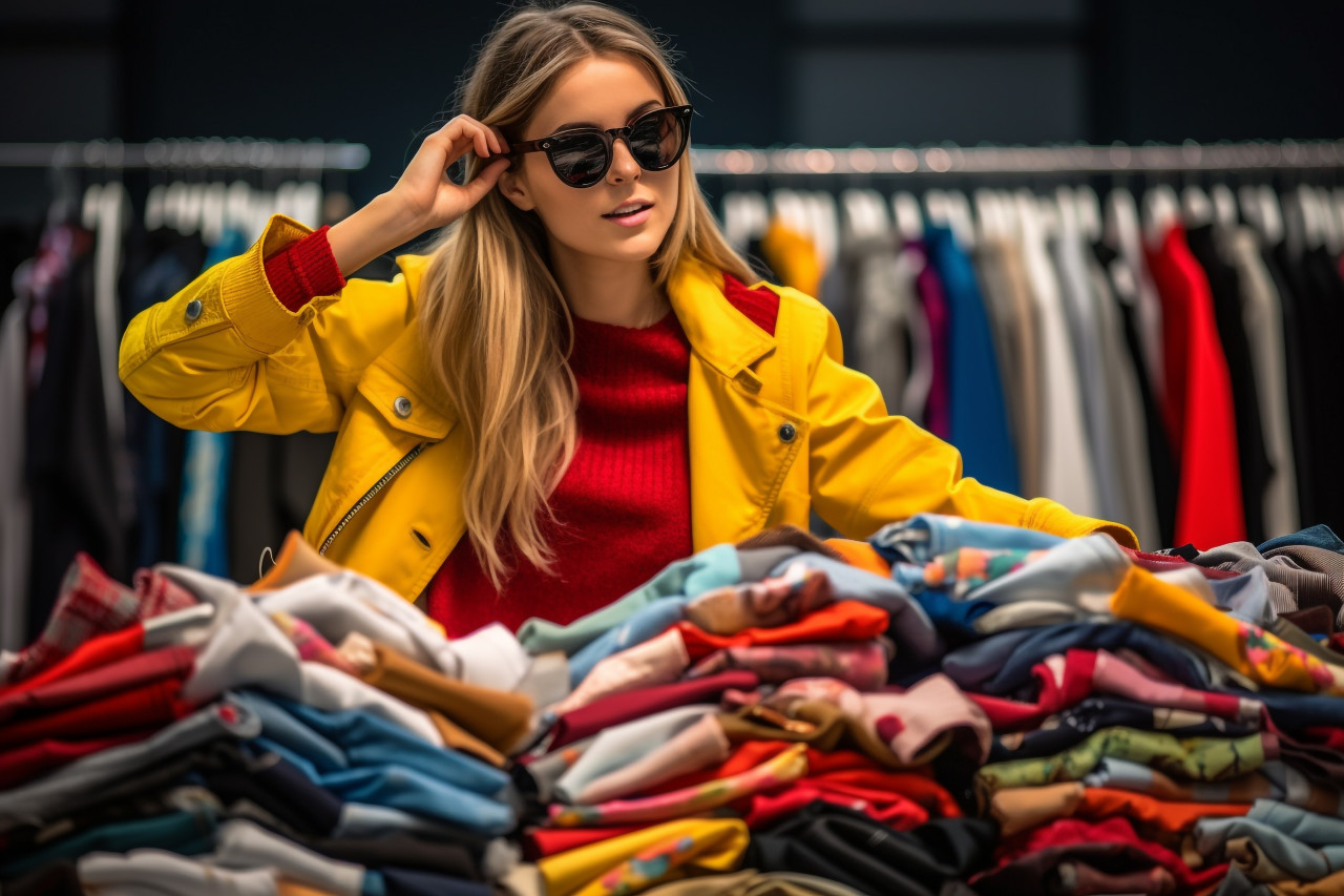 A photo of a stylish young woman looking for fashionable clothes at a black friday sale in a shopping mall, black friday deals