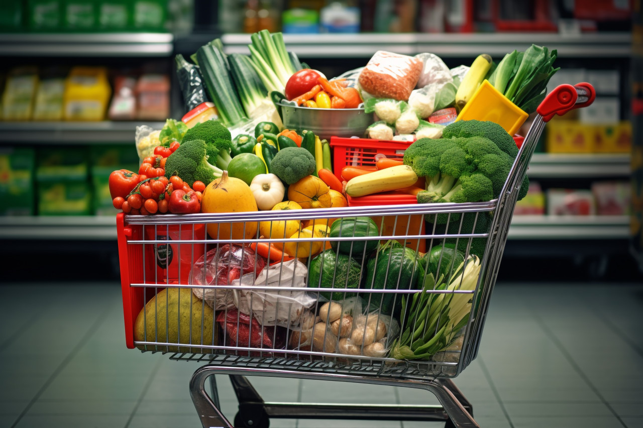 A picture of a shopping cart full of food at the grocery store, black friday deals