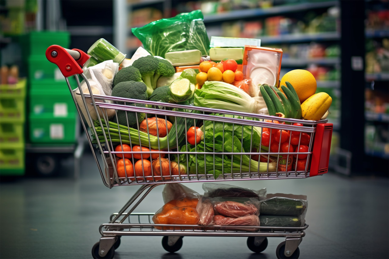A picture of a shopping cart full of food at the grocery store, black friday deals