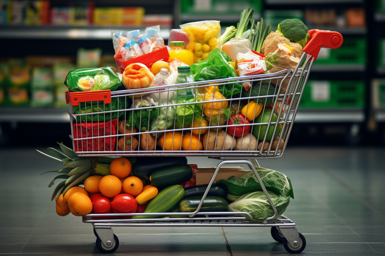 A picture of a shopping cart full of food at the grocery store, black friday deals