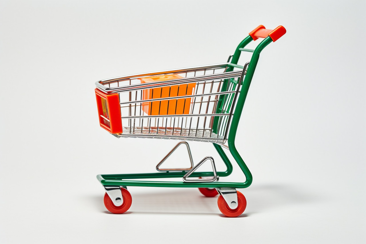 A picture of a shopping cart from the side taken in a studio with a white background, black friday deals