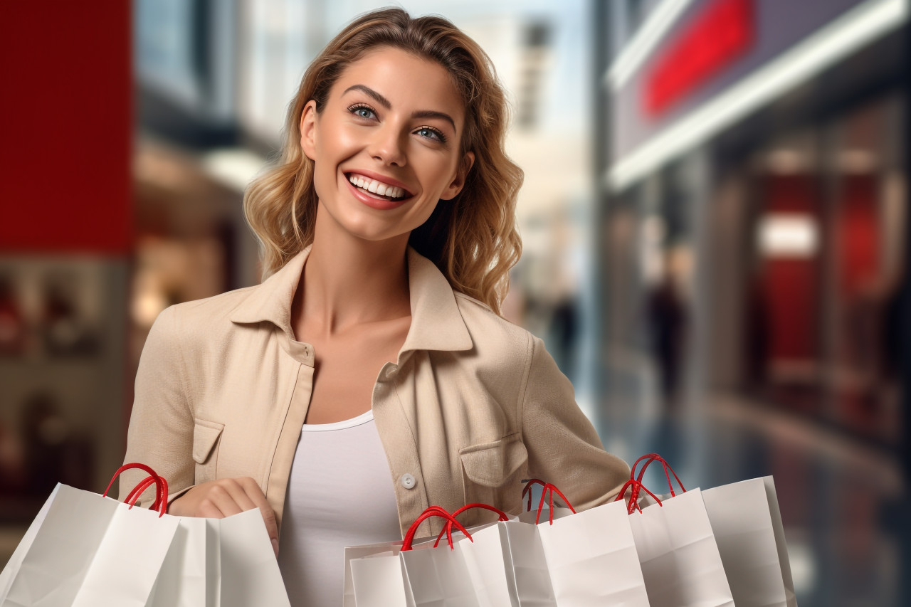 Picture of a happy young woman with shopping bags in a mall, black friday deals