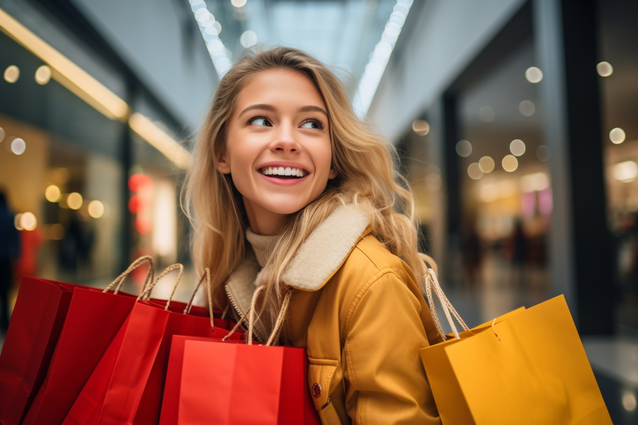 Picture of a happy young woman with shopping bags in a mall, black friday deals