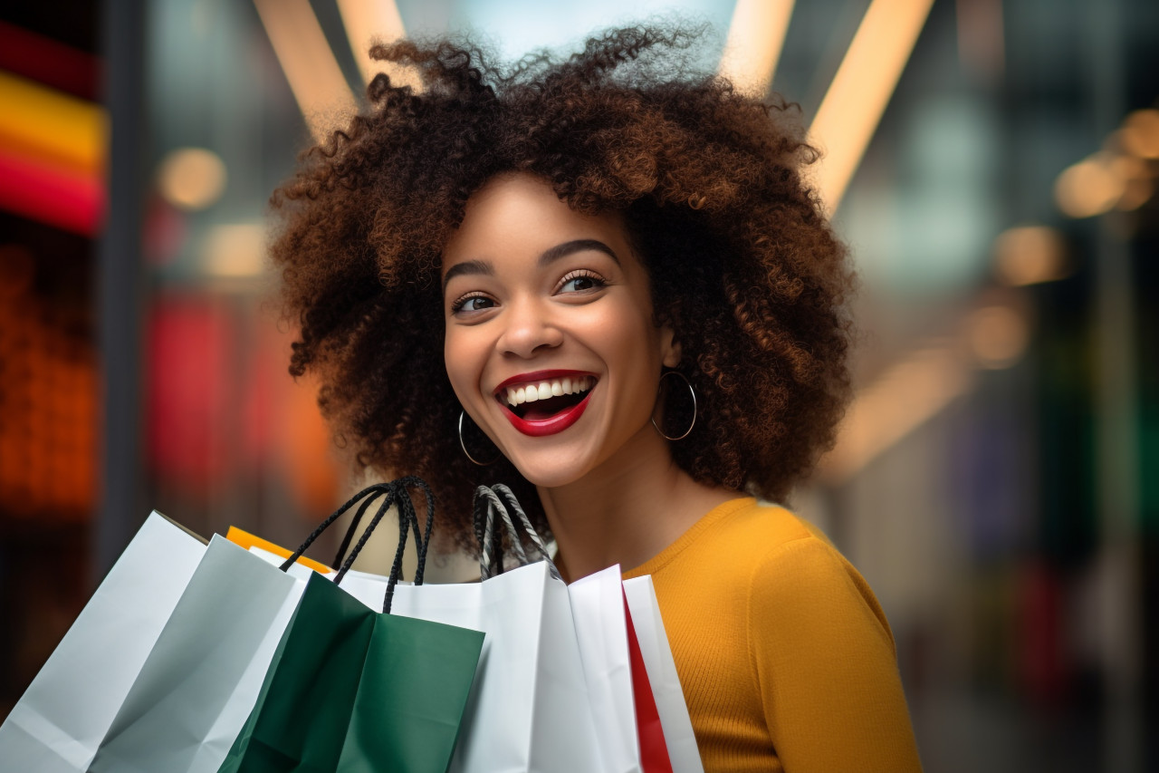 Picture of a happy young woman with shopping bags in a mall, black friday deals