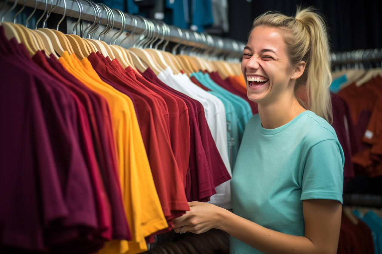 A photo of a happy young woman shopping looking at the price of a t shirt, black friday deals