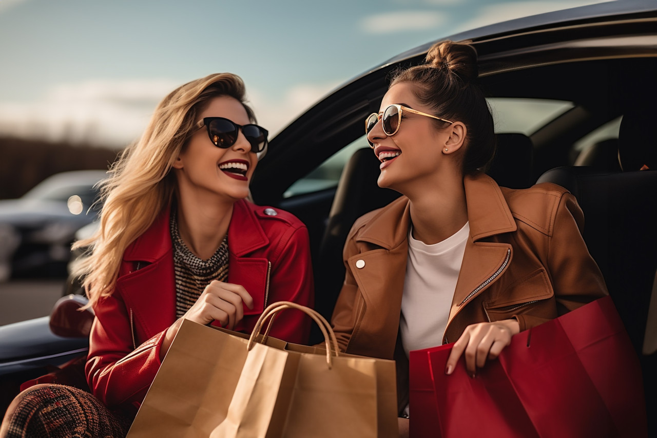 A photo of two happy young women with shopping bags smiling at each other in a car, black friday deals