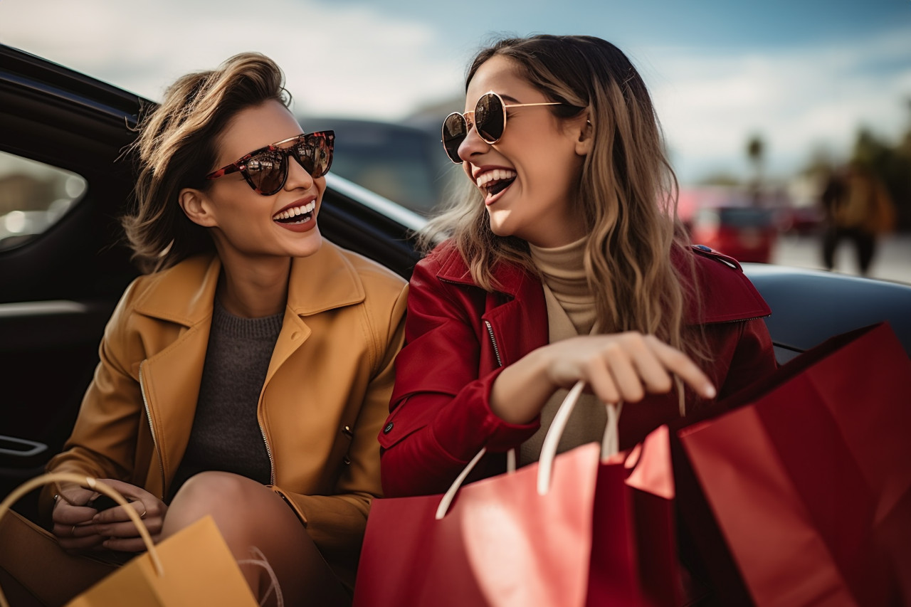 A photo of two happy young women with shopping bags smiling at each other in a car, black friday deals