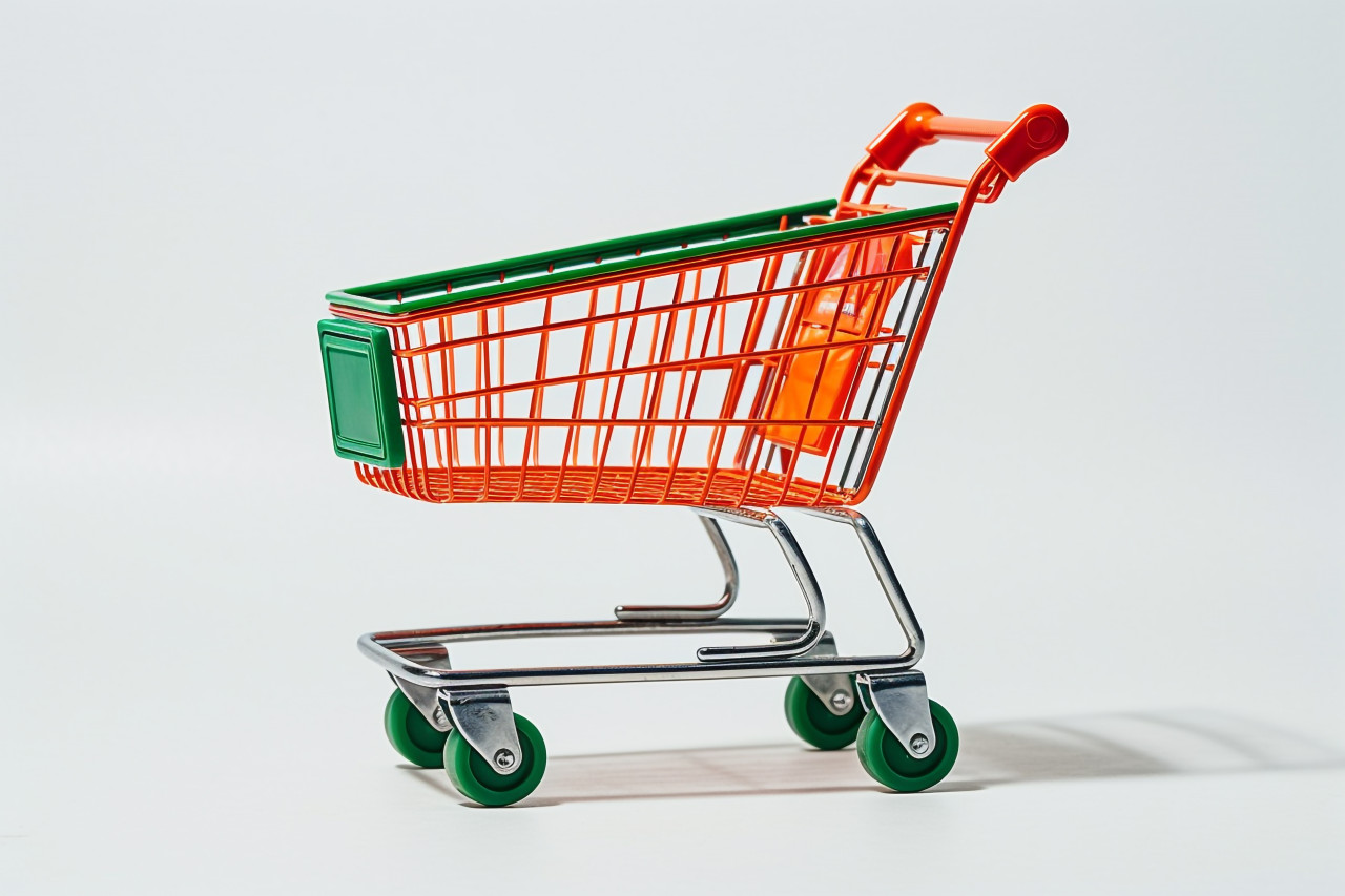 A picture of a shopping cart from the side taken in a studio with a white background, black friday deals