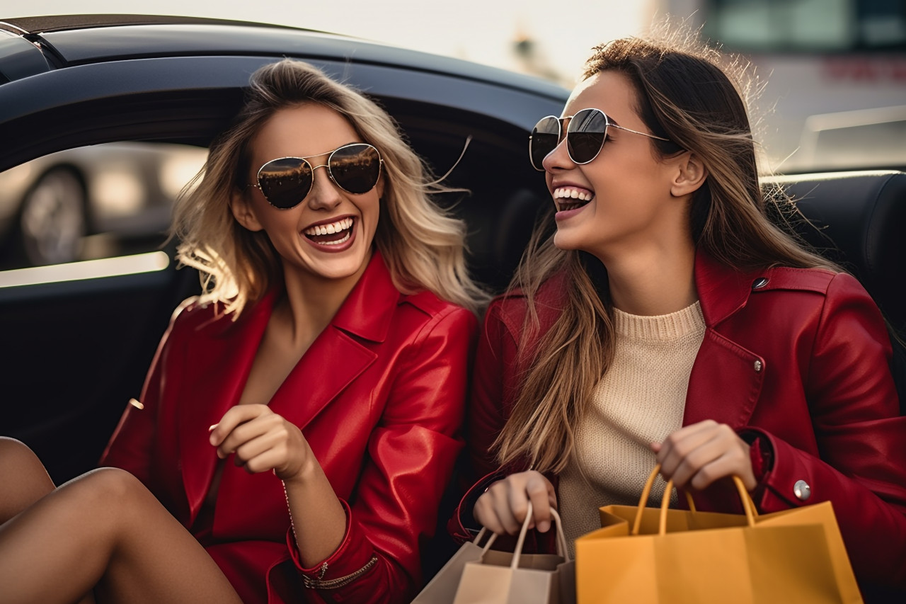 A photo of two happy young women with shopping bags smiling at each other in a car, black friday deals