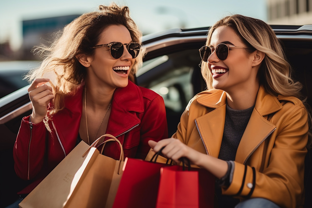 A photo of two happy young women with shopping bags smiling at each other in a car, black friday deals