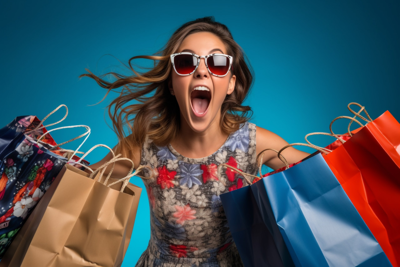 A photo of a happy girl in a dress and sunglasses holding shopping bags with a blue background, black friday deals