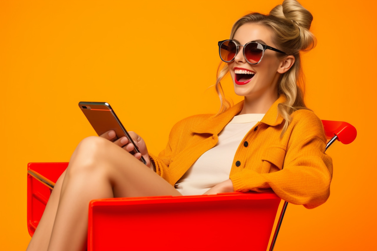 A photo of a happy and focused girl sitting in a shopping cart and chatting on her phone with a bright orange background, black friday deals