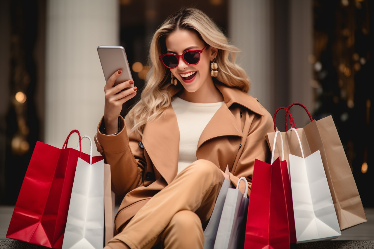 A photo of a happy woman who is shopping online with her smartphone she is sitting down and holding shopping bags, black friday deals