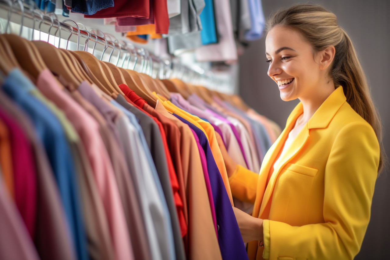 A photo of a happy young woman shopping for clothes in a store. she is looking at a rack of clothes and the background is blurry, black friday deals