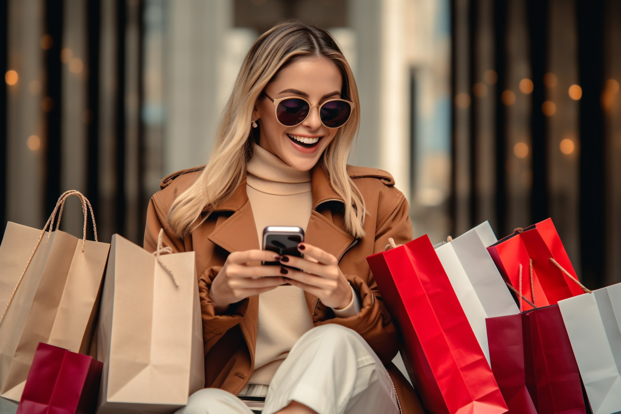 A photo of a happy woman who is shopping online with her smartphone she is sitting down and holding shopping bags, black friday deals