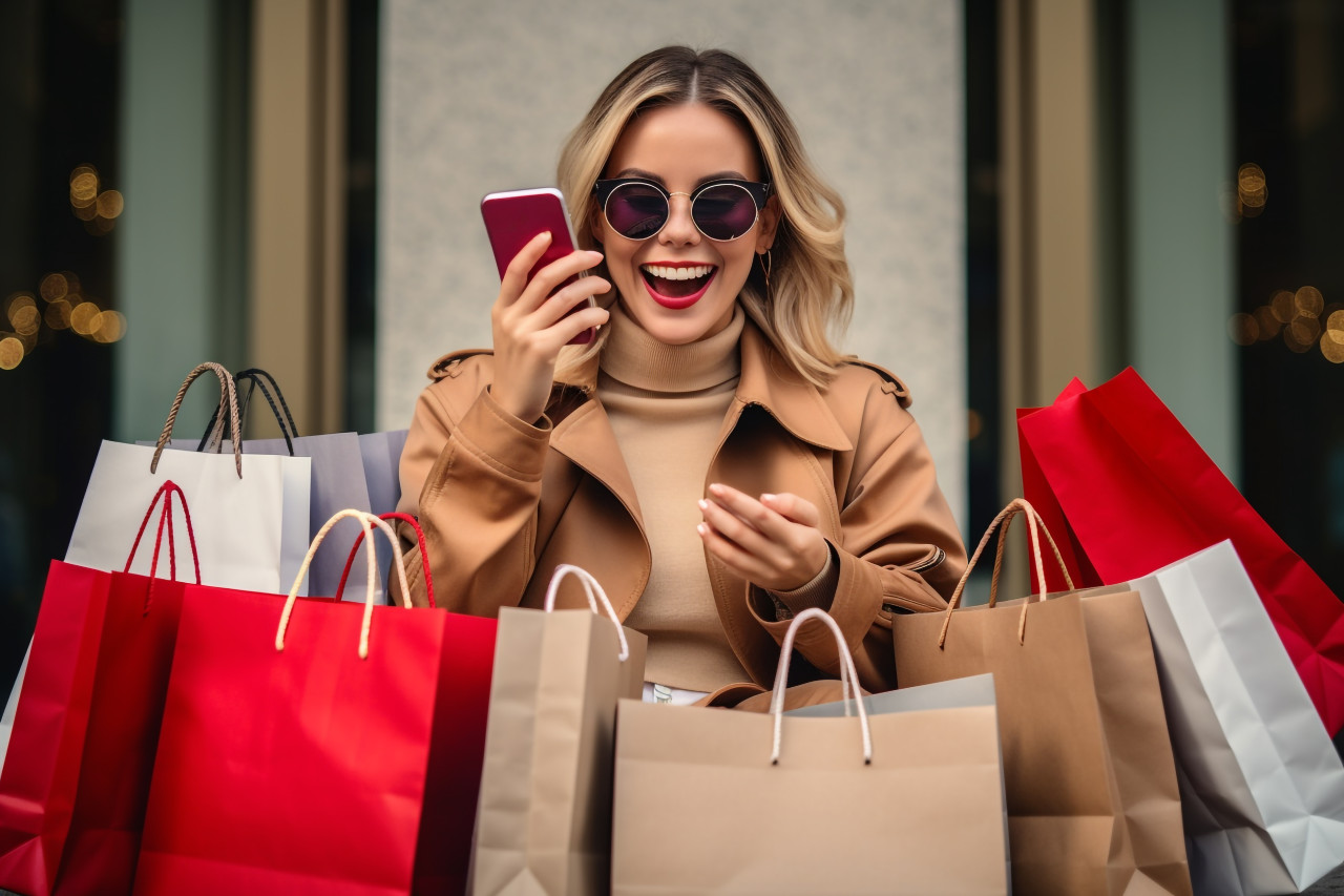 A photo of a happy woman who is shopping online with her smartphone she is sitting down and holding shopping bags, black friday deals