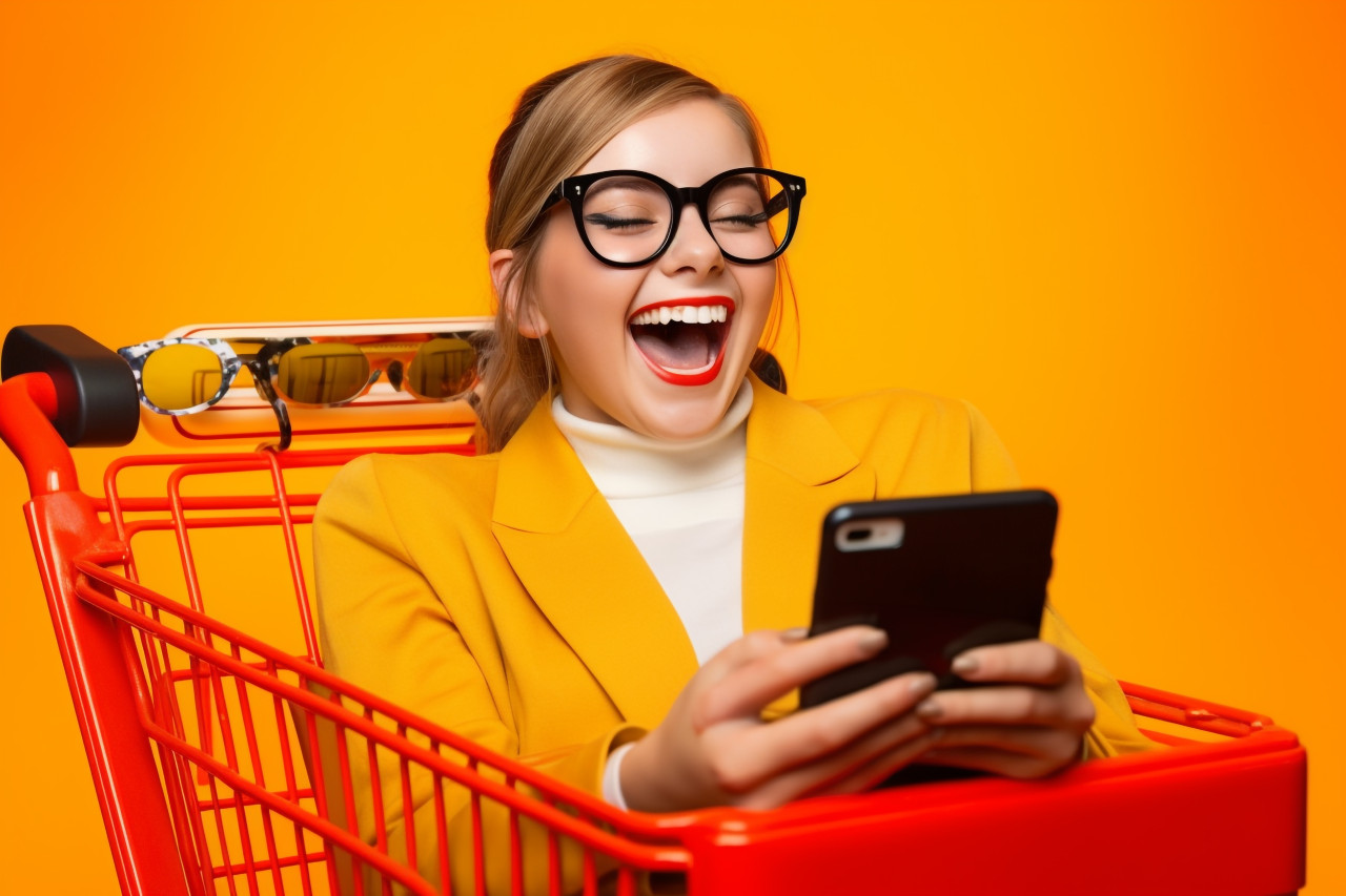 A photo of a happy and focused girl sitting in a shopping cart and chatting on her phone with a bright orange background, black friday deals