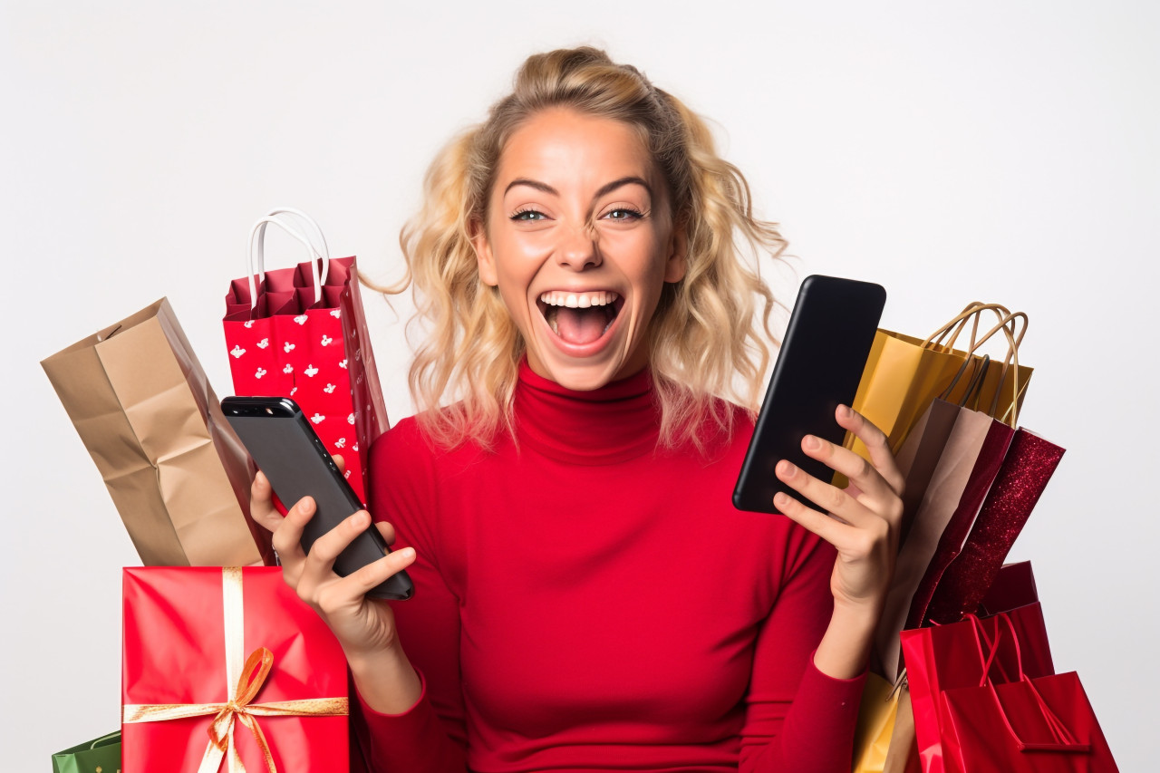 A photo of a happy young woman holding shopping bags and looking at her smartphone, black friday deals