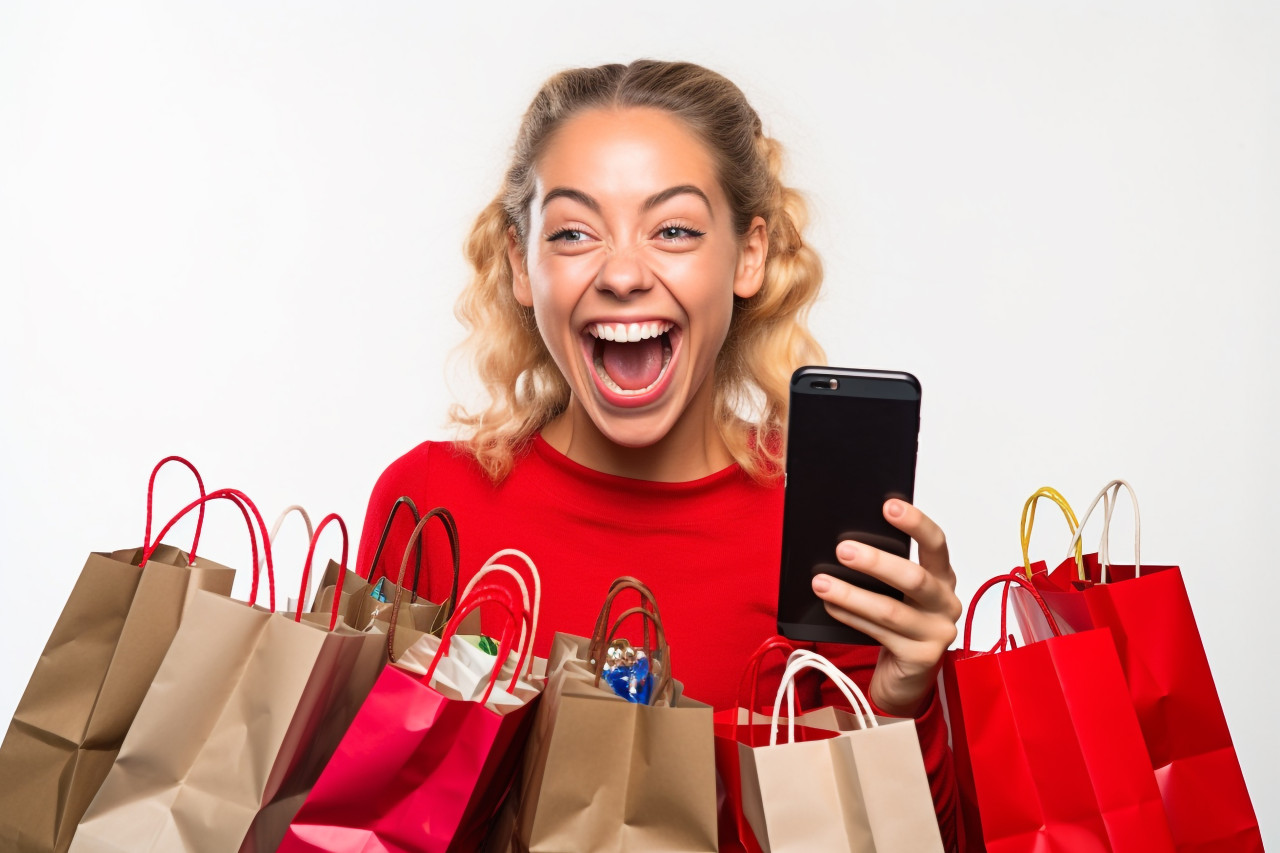 A photo of a happy young woman holding shopping bags and looking at her smartphone, black friday deals