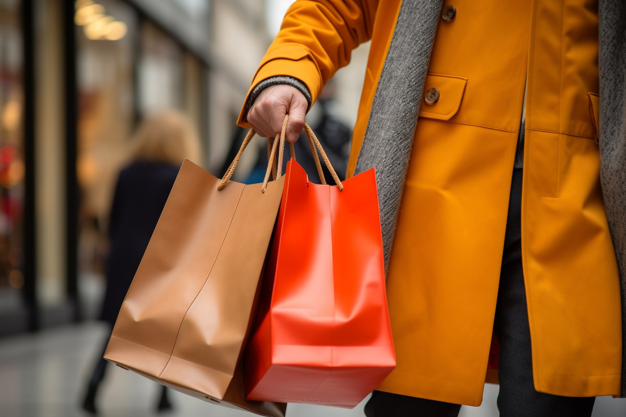 A photo of a couples waist and below carrying shopping bags in a city, black friday deals