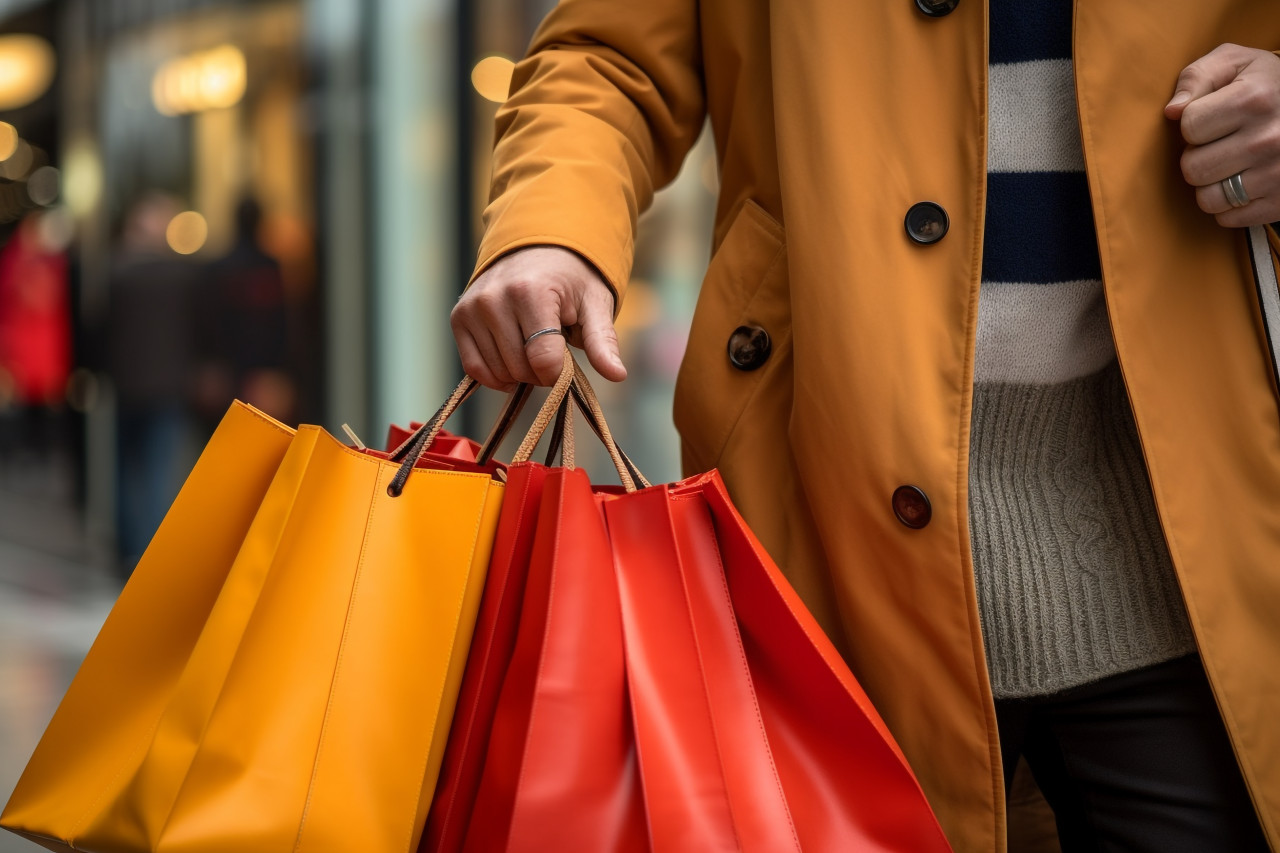 A photo of a couples waist and below carrying shopping bags in a city, black friday deals