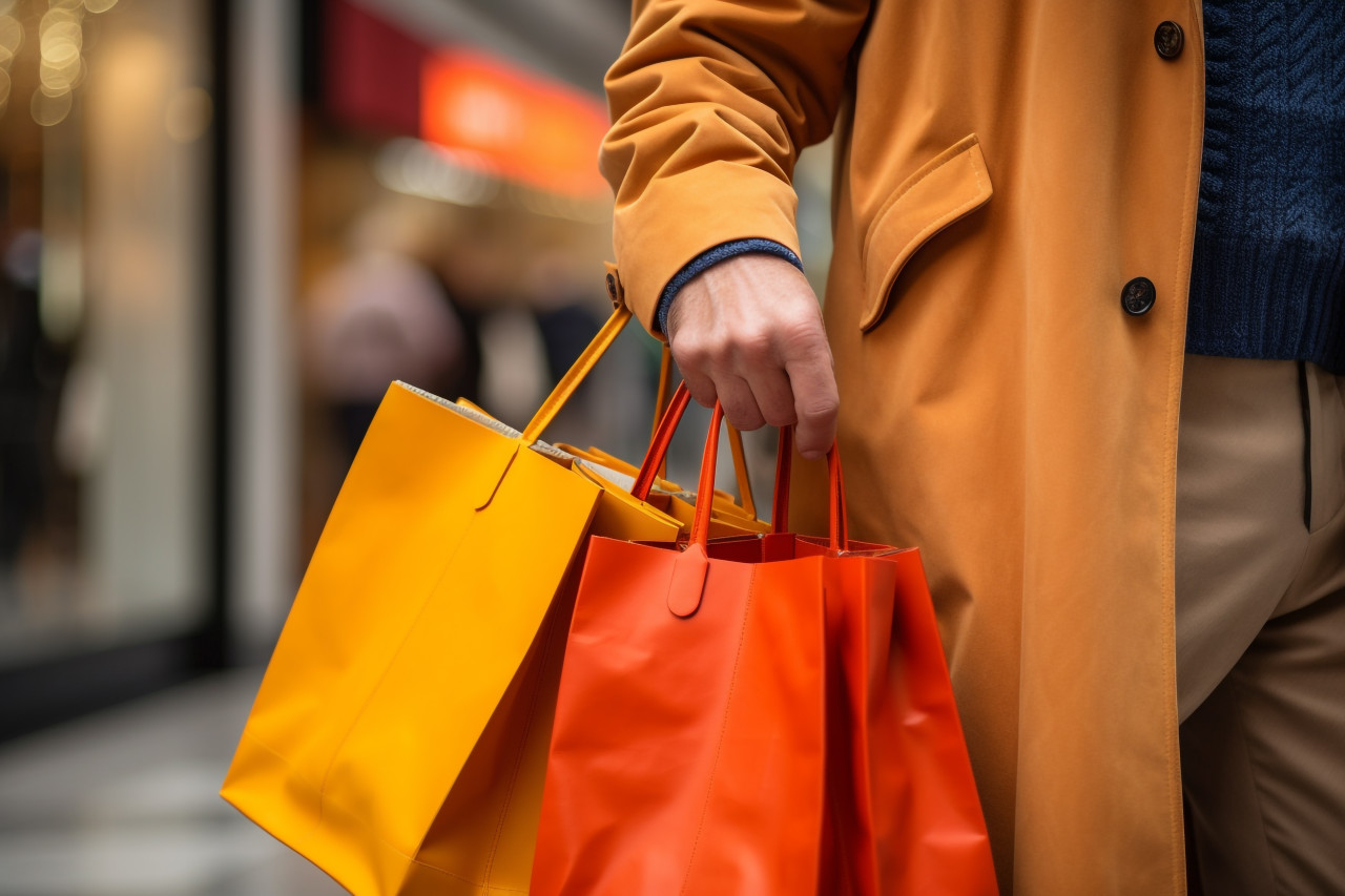 A photo of a couples waist and below carrying shopping bags in a city, black friday deals