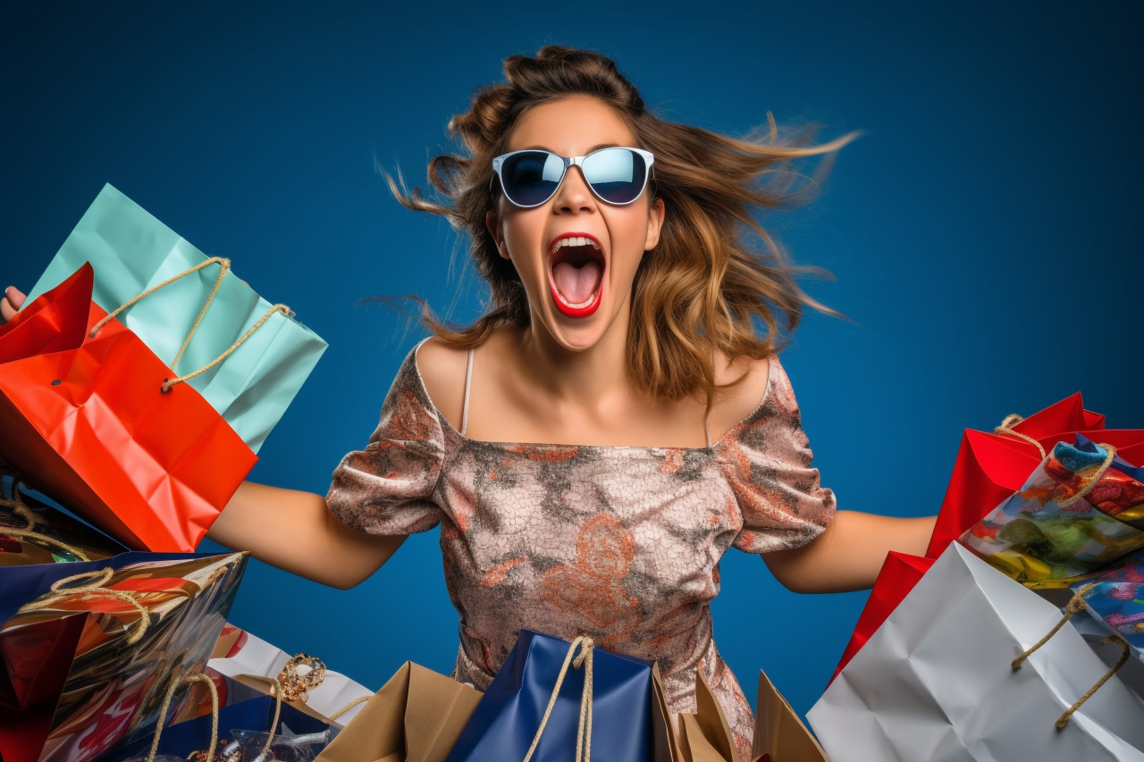 A photo of a happy girl in a dress and sunglasses holding shopping bags with a blue background, black friday deals