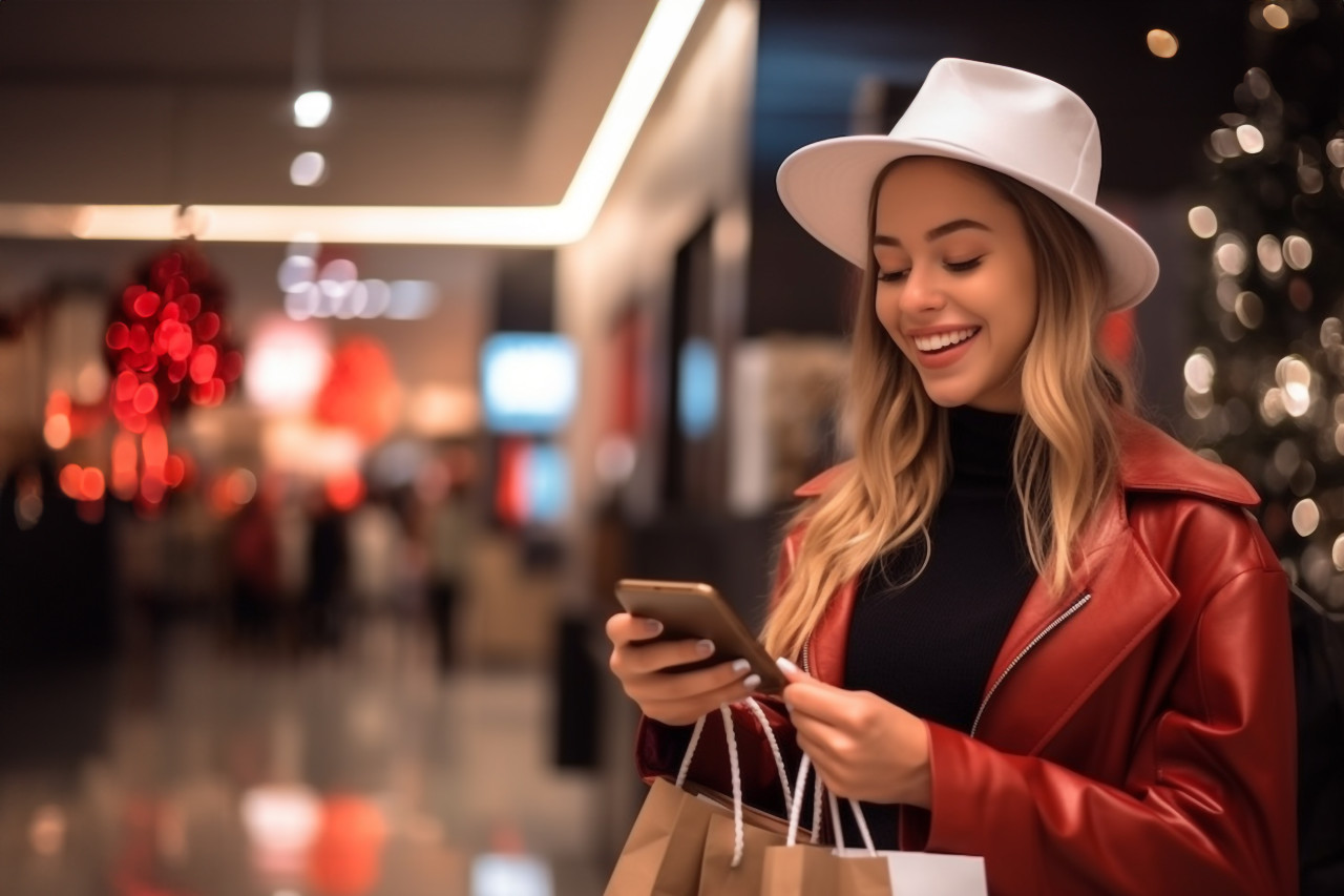 A photo of a beautiful girl is holding shopping bags using a smart phone and smiling while doing shopping in the mall, black friday deals