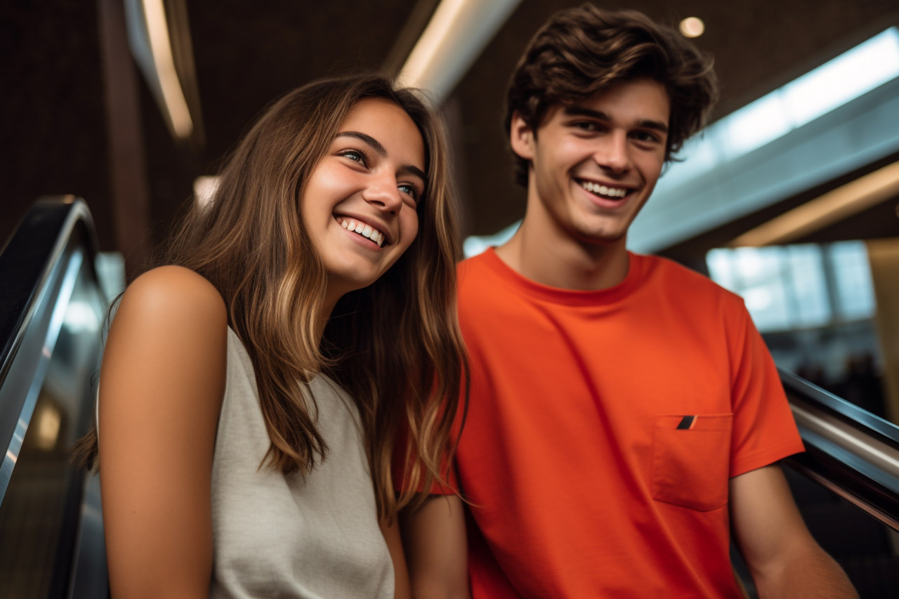 A picture of a happy man and woman standing on a moving staircase in a shopping center, black friday deals