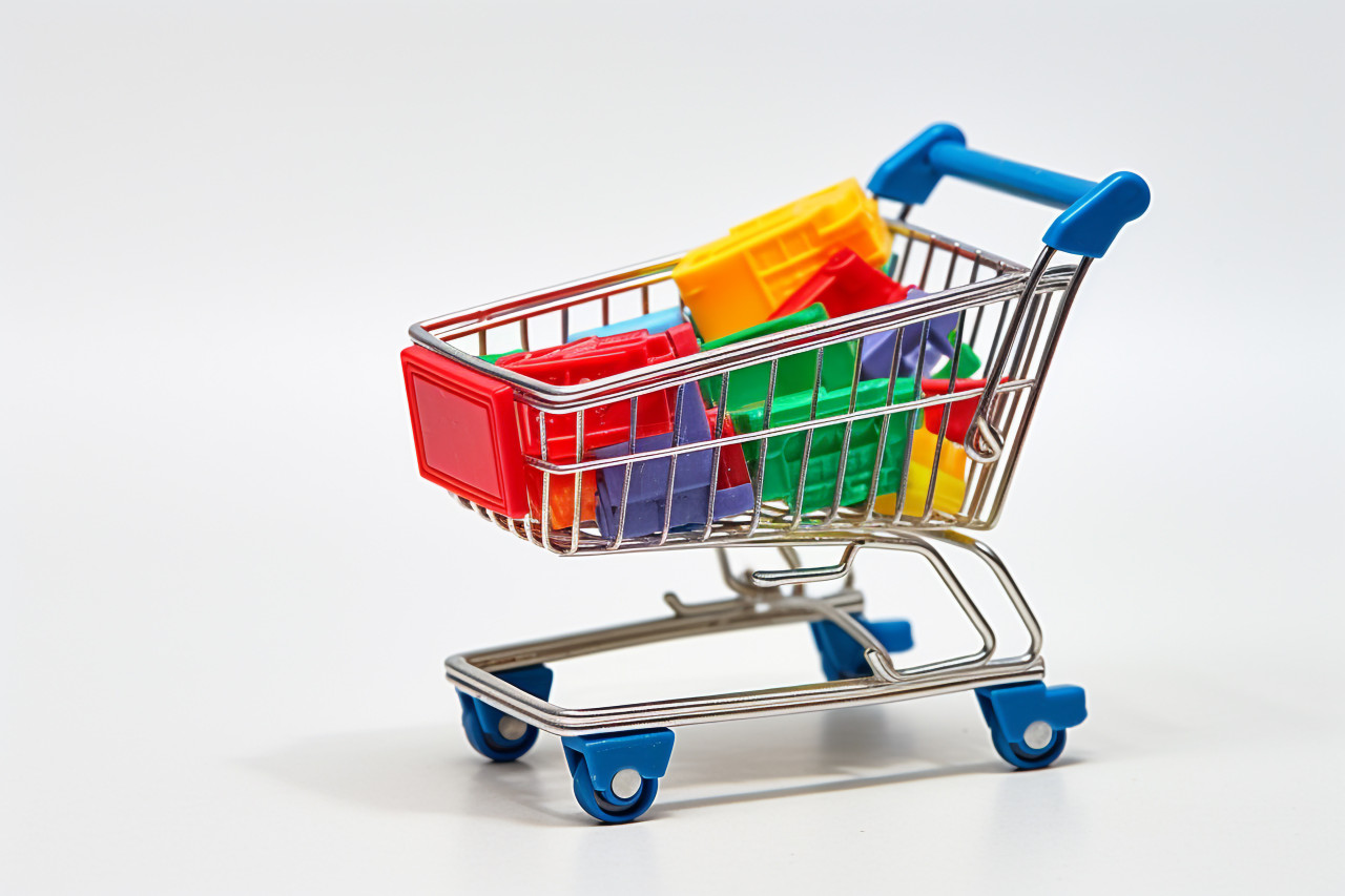A close up photo of a shopping cart with a white background, black friday deals