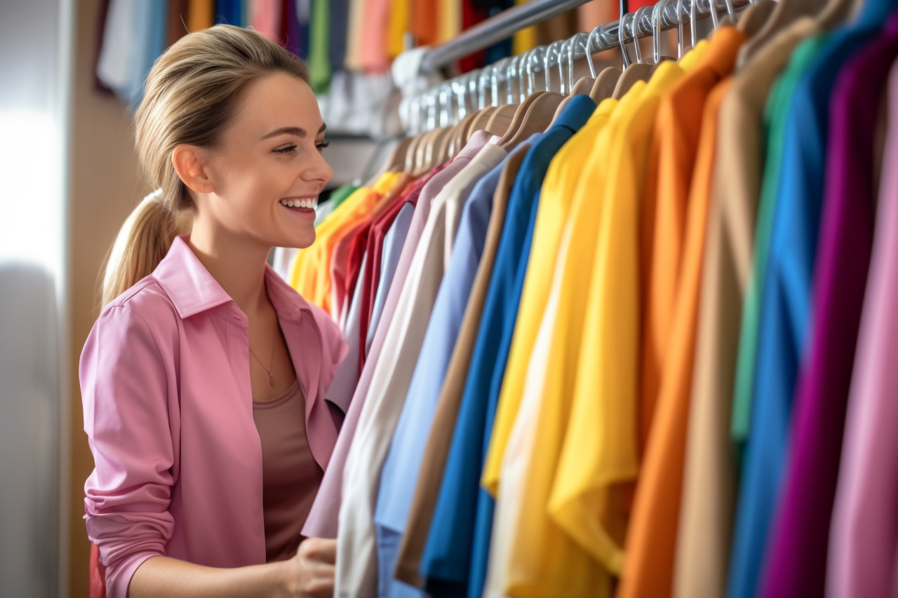 A photo of a happy young woman shopping for clothes in a store. she is looking at a rack of clothes and the background is blurry, black friday deals