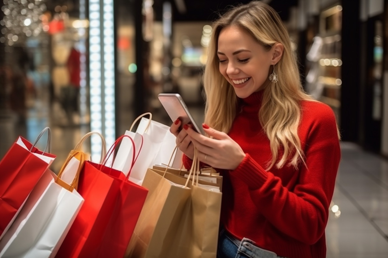 A photo of a beautiful girl is holding shopping bags using a smart phone and smiling while doing shopping in the mall, black friday deals